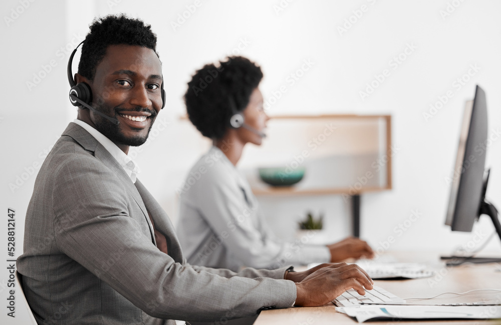 Web customer support and internet business man on a online help consultation. Portrait of a happy internet call center employee working on digital crm tech consulting and contact us telemarketing Web customer support and internet business man on a online help consultation. Portrait of a happy internet call center employee working on digital crm tech consulting and contact us telemarketing