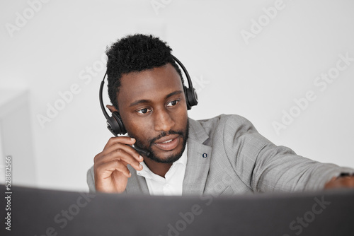 Quadro su tela Call center, customer service and crm representative wearing headset while consulting with customer in telemarketing company