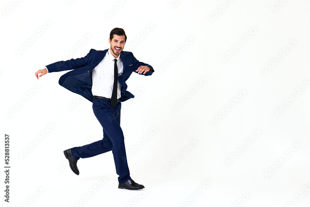 Man business smile with teeth in costume running and jumping flying up open mouth happiness and surprise full-length on white isolated background copy space Man business smile with teeth in costume running and jumping flying up open mouth happiness and surprise full-length on white isolated background copy space