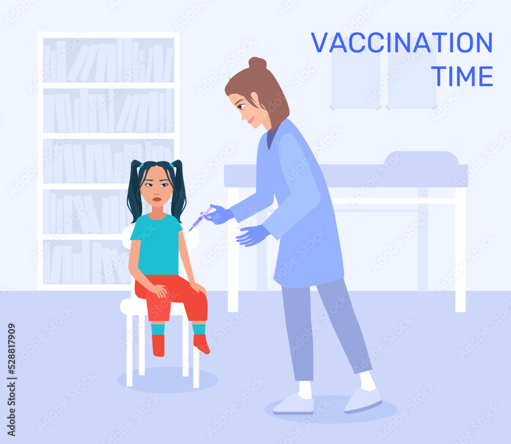 Vector illustration of a doctor's chamber. Where the doctor femal is gives an injection to patient child. Health care, treatment, prevention and immunization. Vector illustration of a doctor's chamber. Where the doctor femal is gives an injection to patient child. Health care, treatment, prevention and immunization.