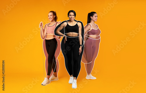 Cheerful slender european, arab and black young women athletes in sportswear, overweight ladies drawn around