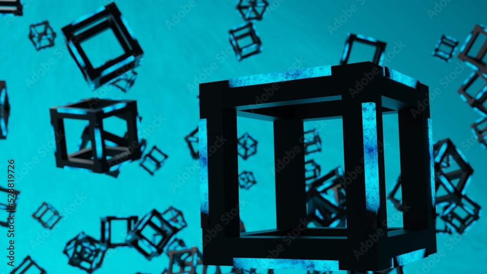 Blue illuminated black cubes under black-green background. Block chain network technology concept illustration. 3D illustration. 3D CG. 3D high quality rendering. 