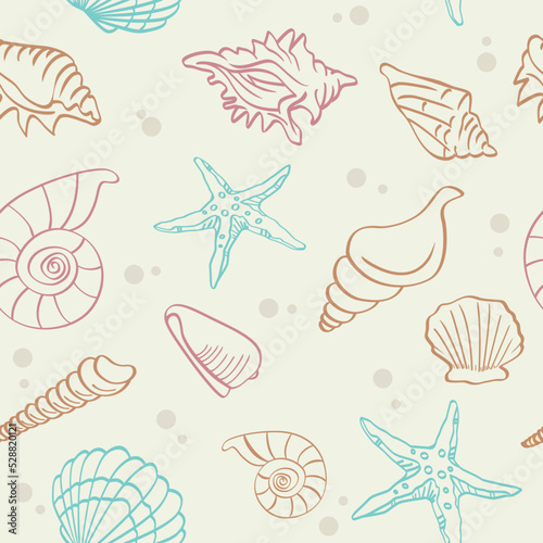 Seamless pattern of sea shells and stars collection. 