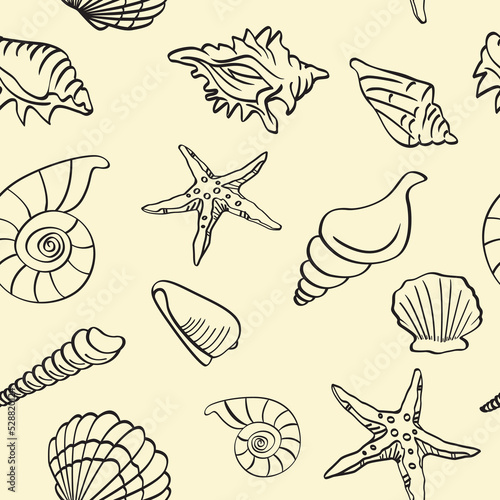 Seamless pattern of sea shells and stars collection. 