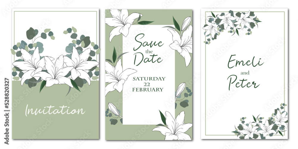 Luxury wedding invitation background with artistic lily flower and botanical leaves, organic shapes, watercolor and line art. Abstract vector background design for wedding and vip cover template.