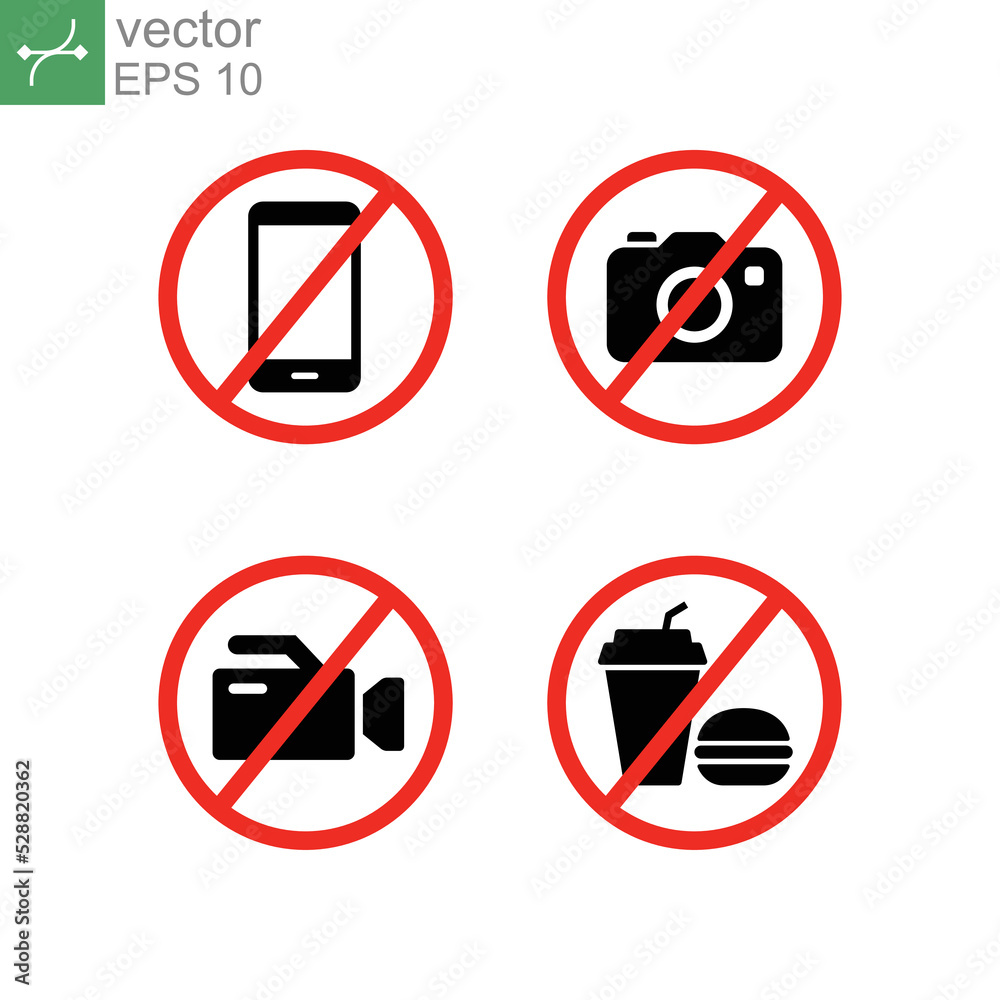 prohibition no camera, no mobile phone, no video recording, no food and drink signboard icon. flat style. Prohibited Stop fast food warning sign. vector illustration design on white background. EPS 10 prohibition no camera, no mobile phone, no video recording, no food and drink signboard icon. flat style. Prohibited Stop fast food warning sign. vector illustration design on white background. EPS 10
