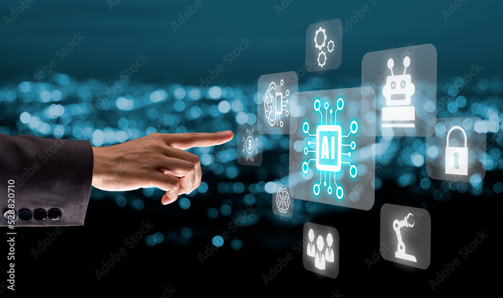 Artificial Intelligence AI, Person hand touching holographic brain Artificial Intelligence (AI) icon from the screen, Internet of Things IoT concept.