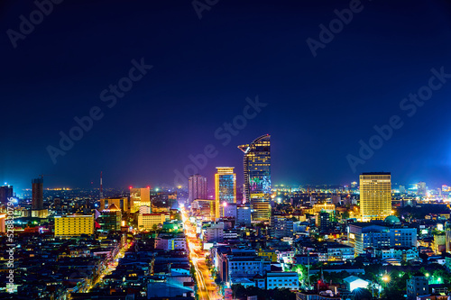 skyline at night in phnom penh city capitall of cambodia