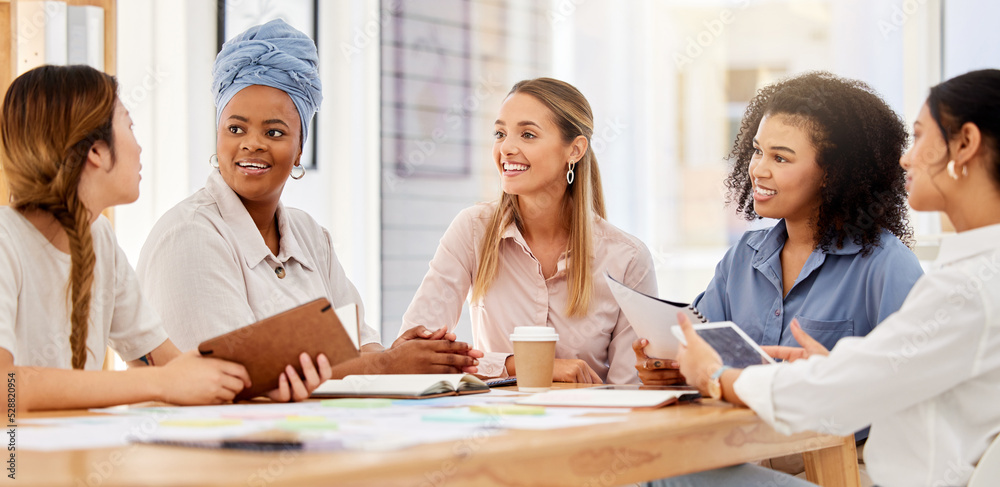 Marketing strategy, business women and collaboration teamwork in inclusive office room with diversity empowerment. Smile, happy and motivation people in communication, meeting and designer innovation