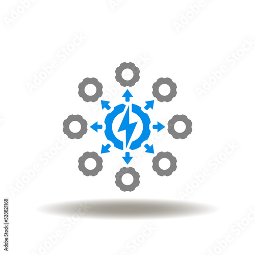 Vector illustration of gear with lightning and round flowchart of arrows with gears. Icon of elecrical energy distribution. Symbol of DERMS Distributed Energy Resource Management System.