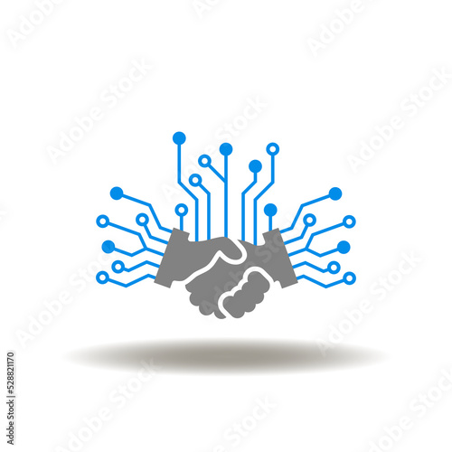 Vector illustration of handshake with circuits line. Icon of digital deal. Symbol of smart contract.