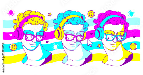 Fun print with ancient sculpture head in pixel 8-bit sunglasses and headphones. Graphic in 00's style.Comic Y2k hipster interpretation. 