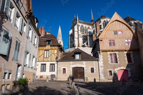 Old streets and houses of Auxerre  medieval city on river Yonne  north of Burgundy  France