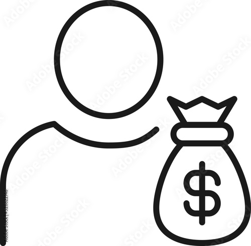 Hobbies, profession and business concept. Minimalistic signs for web sites, adverts, apps, stores. Editable stroke. Vector line icon of dollar on money bag by faceless person