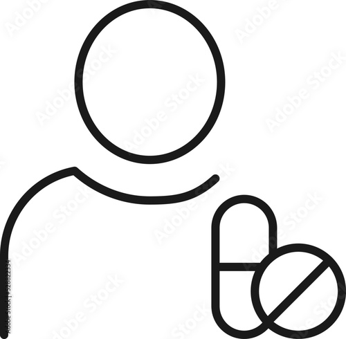 Hobbies, profession and business concept. Minimalistic signs for web sites, adverts, apps, stores. Editable stroke. Vector line icon of drugs, medication, pills by faceless person