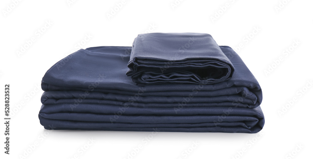Stack of clean silky bed linen isolated on white Stack of clean silky bed linen isolated on white