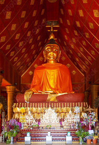 The principal Buddha statue in the temple was woven with bamboo, Wat Hiranyawas Weruwan Park, Chiengrai province, Thailand..