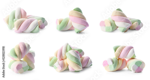 Set with tasty colorful marshmallows on white background