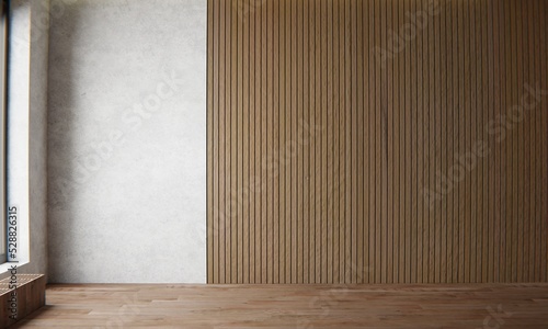 Fototapeta Naklejka Na Ścianę i Meble -  Empty room with concrete cement wall and wood panels wall background. Architecture and interior concept. 3D illustration rendering