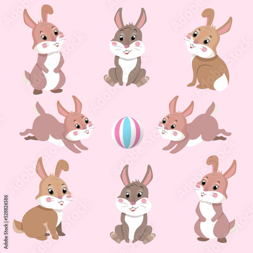 Cute cartoon rabbits. Funny furry gray hares, Easter bunnies standing, sitting, running, jumping, Set of flat cartoon vector