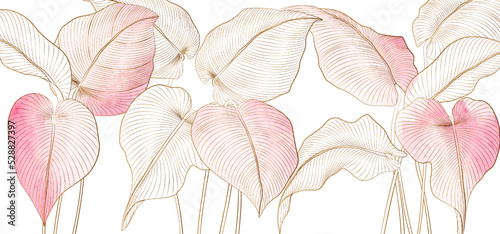 Botanical abstract art background with pink colored tropical leaves in gold line. Exotic plants in a watercolor style for wallpaper, decor, print, interior design, packaging.