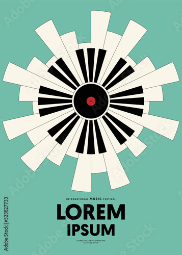 Music poster design template background with vinyl record and piano