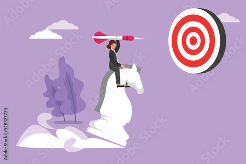 Graphic flat design drawing active businesswoman holding dart arrow while riding chess knight piece, strategic. Success manager achievement. Business target metaphor. Cartoon style vector illustration