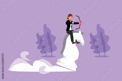 Character flat drawing of beauty attractive businesswoman holding archery aiming target while riding chess knight piece, strategic concept. Success business manager. Cartoon design vector illustration
