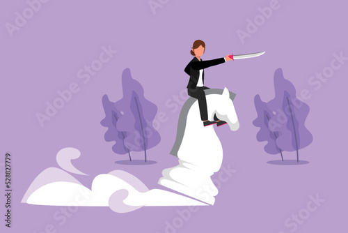 Graphic flat design drawing of competitive businesswoman riding chess horse knight with sword. Idea, business strategy, winning competition, achievement goal concept. Cartoon style vector illustration © onetime