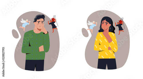 Bad and good thoughts. Set of man and woman with angel and demon on shoulders. Characters make choice in favor of positive or negative. Cartoon flat vector collection isolated on white background