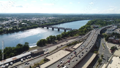 Aerial Drone View Highway Traffic Downtown Springfield, MA photo