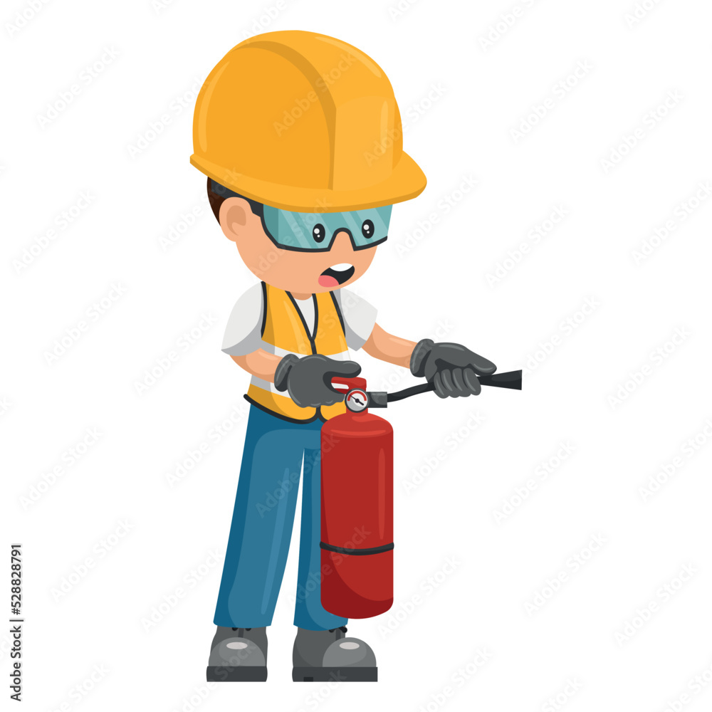 Industrial worker using a fire extinguisher with his personal protective equipment. Industrial safety and occupational health at work Industrial worker using a fire extinguisher with his personal protective equipment. Industrial safety and occupational health at work