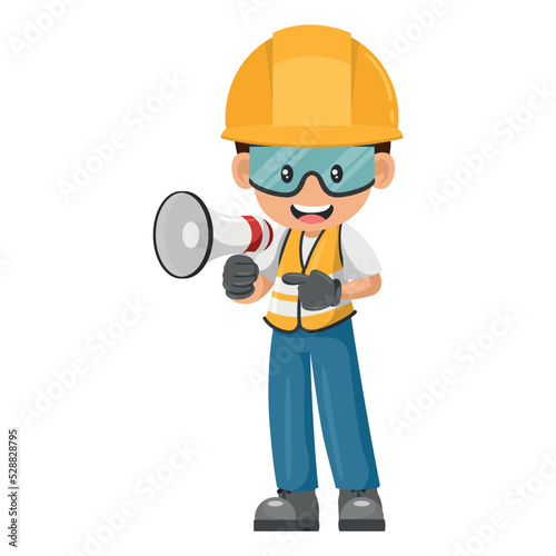 Industrial construction worker making an announcement with a megaphone. Site supervisor engineer with personal protective equipment. Industrial safety and occupational health at work