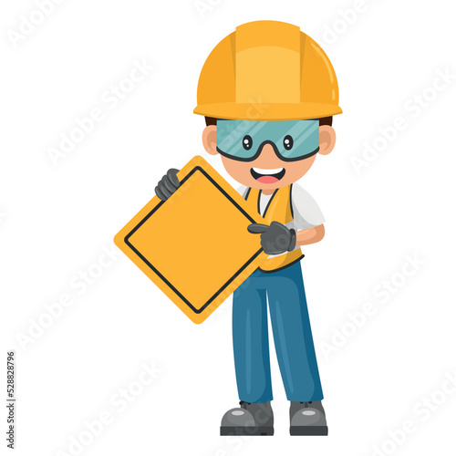 Construction industrial worker with a warning sign with copy space for text. Industrial safety and occupational health at work