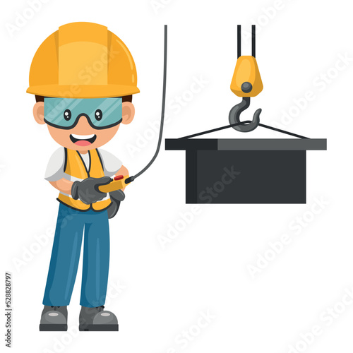 Industrial construction worker using an overhead crane to move a piece of metal. Worker with his personal protective equipment. Industrial safety and occupational health at work