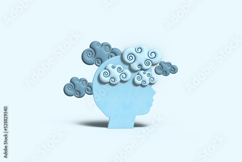 boys heads with stylised blue clouds, brain fog, long covid, depression, mental disorder, loss of concentration, in youth, children teenagers concept. 3D illustration