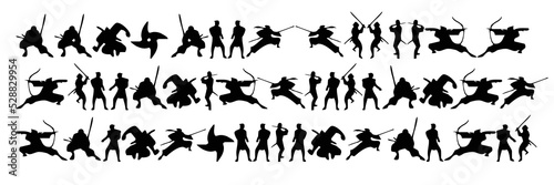 Collection of ninja With arrows silhouette vectors on a white background