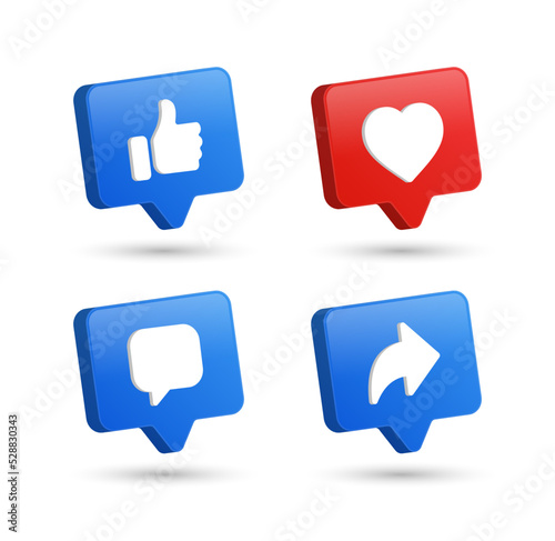 Social media notification icons in 3d speech bubbles like love comment share icon