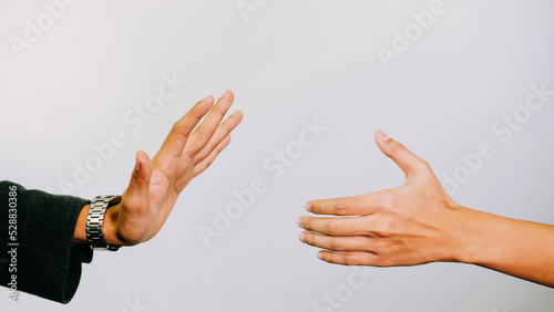 Businessman refusing to shake hands negotiations, business relations concept, line icons isolated on white background.