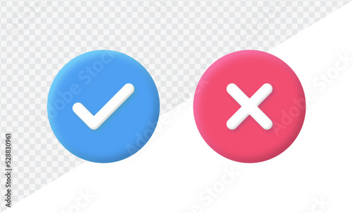 3d check mark icon button, blue tick and red cross signs symbols. check box frame - yes or no 3d checkmark icons buttons, right, wrong, approved, rejection sign vector illustration