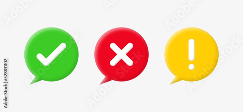 3d check mark icon button with exclamation mark sign in speech bubble, green tick and red cross, information signs symbols. check box speech bubble frame - yes or no 3d checkmark icons buttons