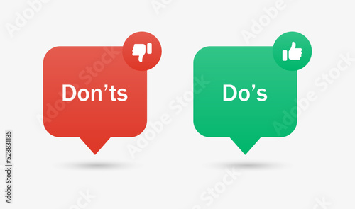 Dos and donts icons speech bubble frame - thumbs up or thumb down. Like or dislike icon button - do's and don'ts frames - true or false - Do and dont label banner frame