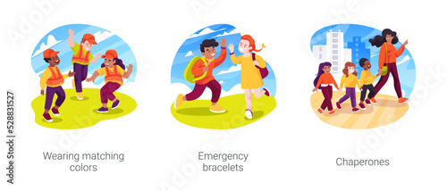 Keeping children safe on field trips isolated cartoon vector illustration set