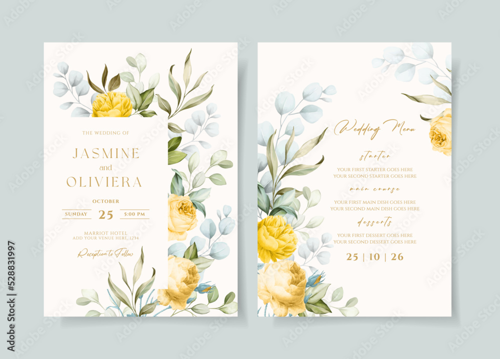 beautiful floral wedding invitation and menu template