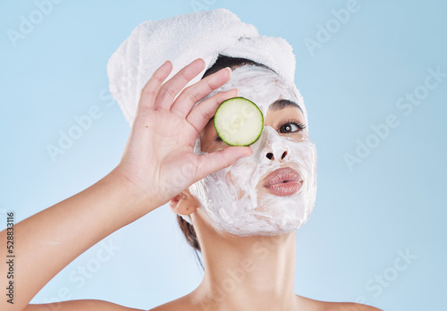 Skincare, facial and wellness skin product of a woman with face cream and mask. Portrait of bathroom shower morning routine for beauty, care and health lifestyle of a female feeling silly
