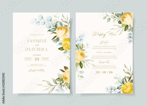 beautiful floral wedding invitation and menu template
