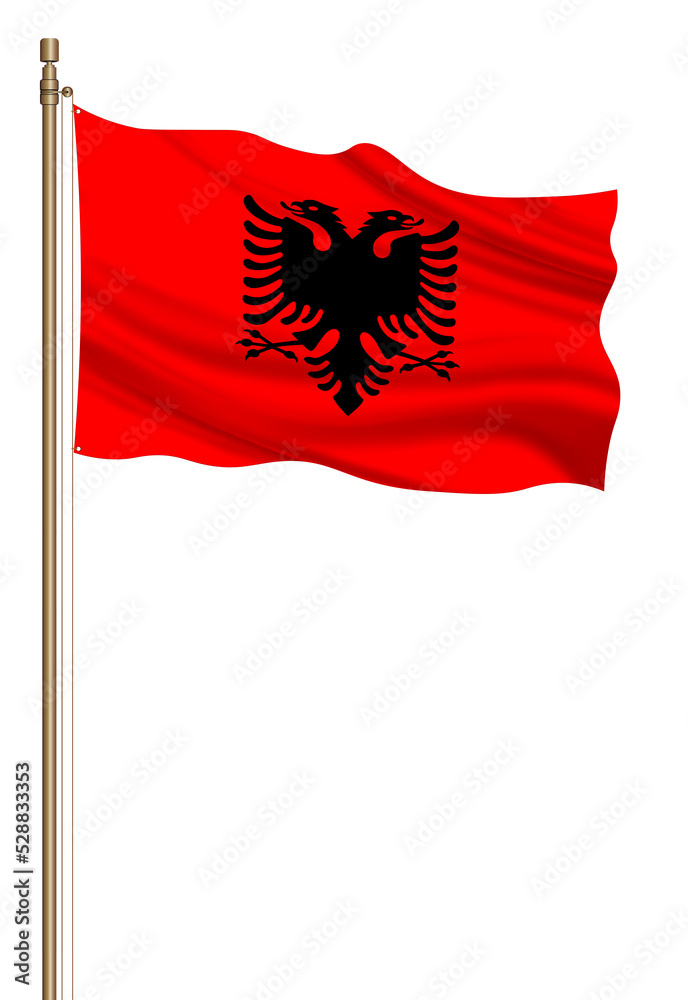 3D Flag of Albania on a pillar blown away isolated on a white background. 3D Flag of Albania on a pillar blown away isolated on a white background.