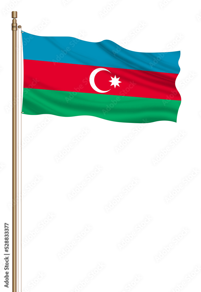 3D Flag of Azerbaijan on a pillar blown away isolated on a white background. 3D Flag of Azerbaijan on a pillar blown away isolated on a white background.