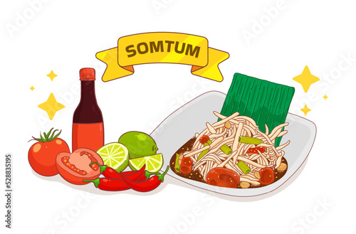 Somtum Thai food spicy papaya salad hand drawn cartoon illustration