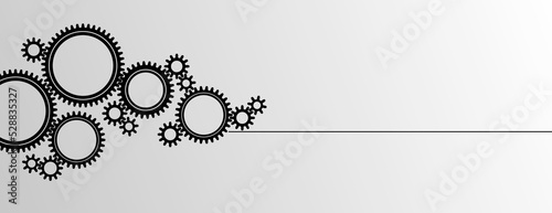 Mechanical cogwheel group banner. Small and large sprockets. Black silhouette gear icon design element. White background. Vector illustration.